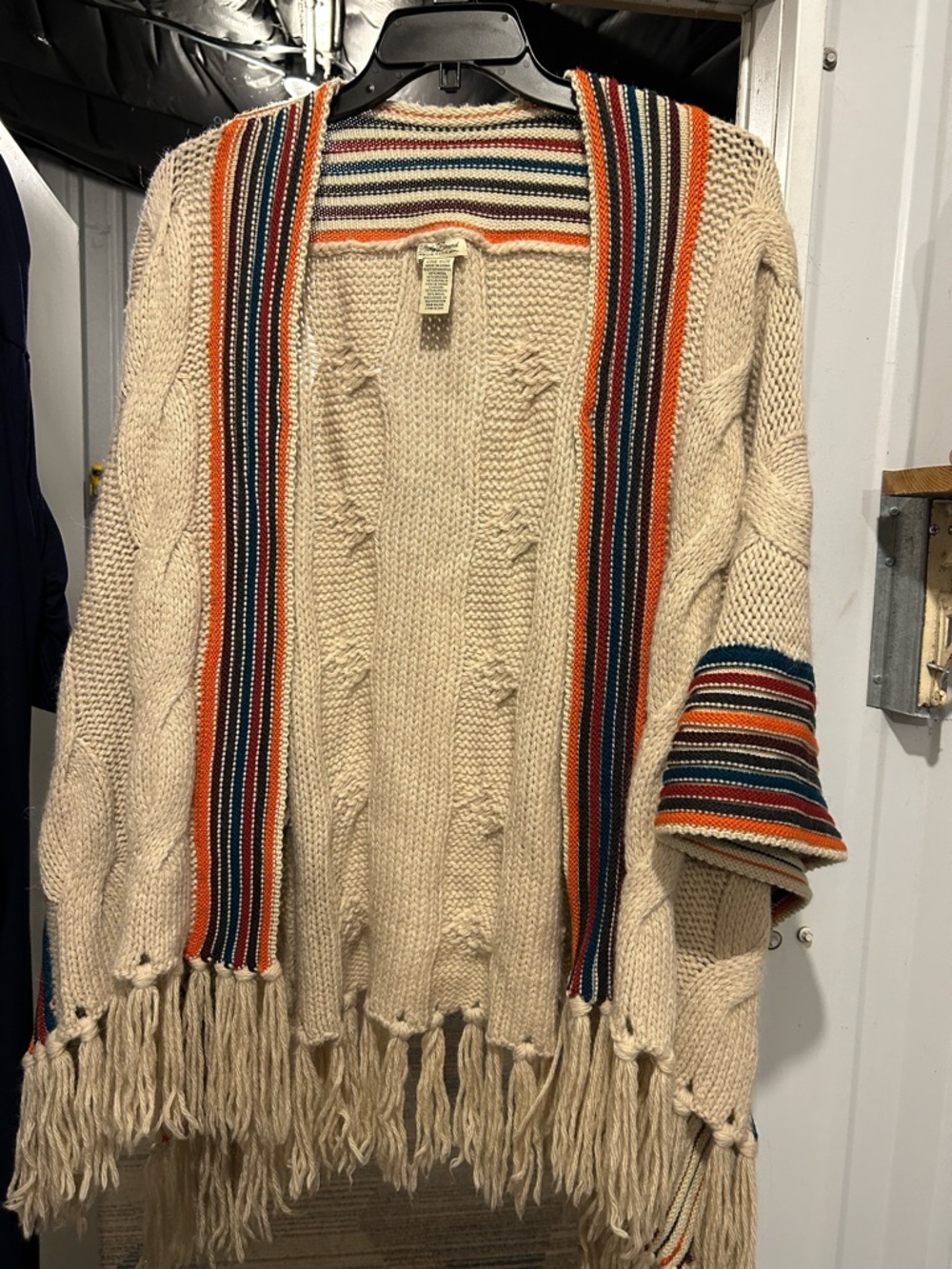 Lucky Brand Cream Knit Fringe Poncho with Orange and Blue Stripes